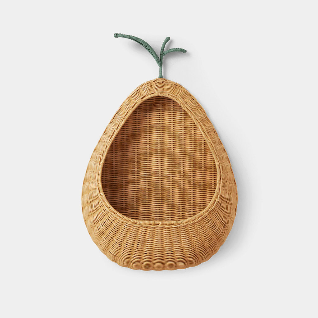 Ferm Living braided pear wall pocket in natural rattan on a neutral background
