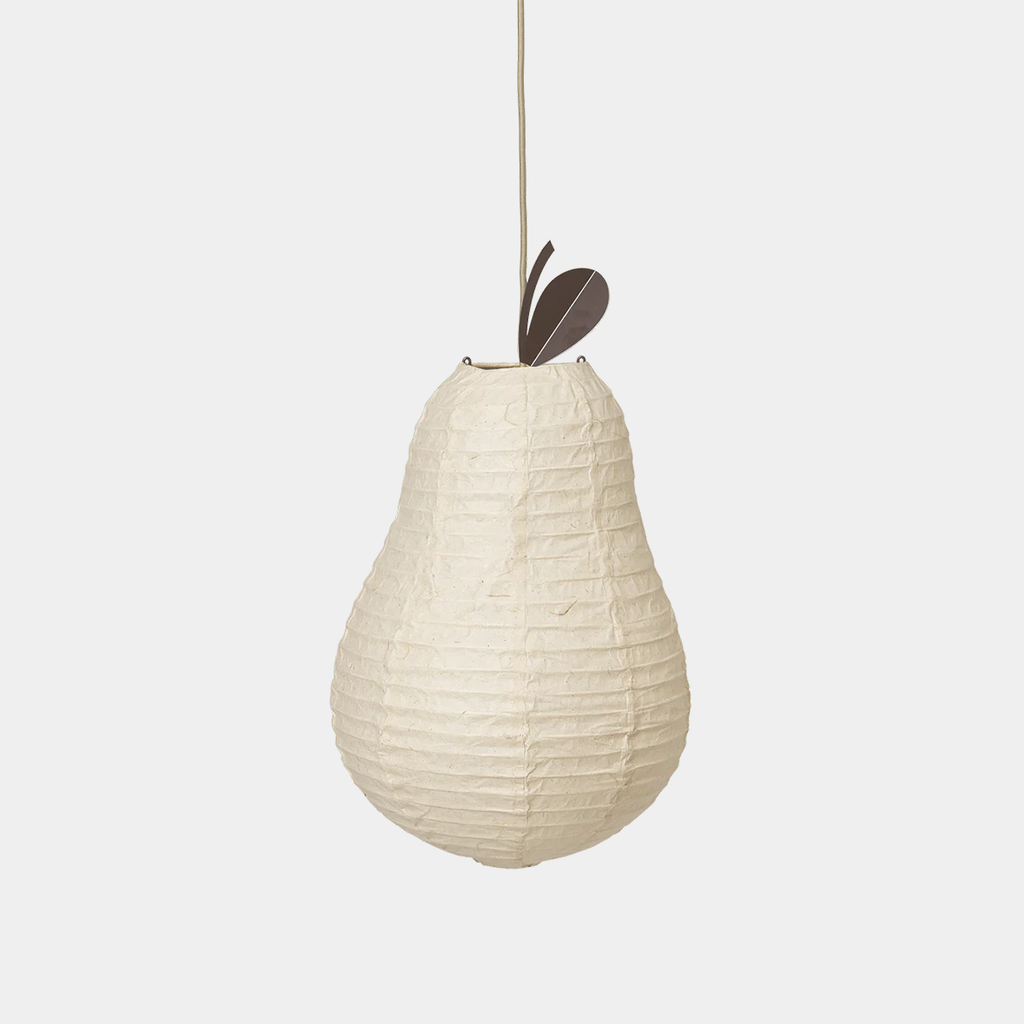 Pear-shaped Washi paper lampshade with metal leaf detail, softly diffused glow, shown against a neutral background