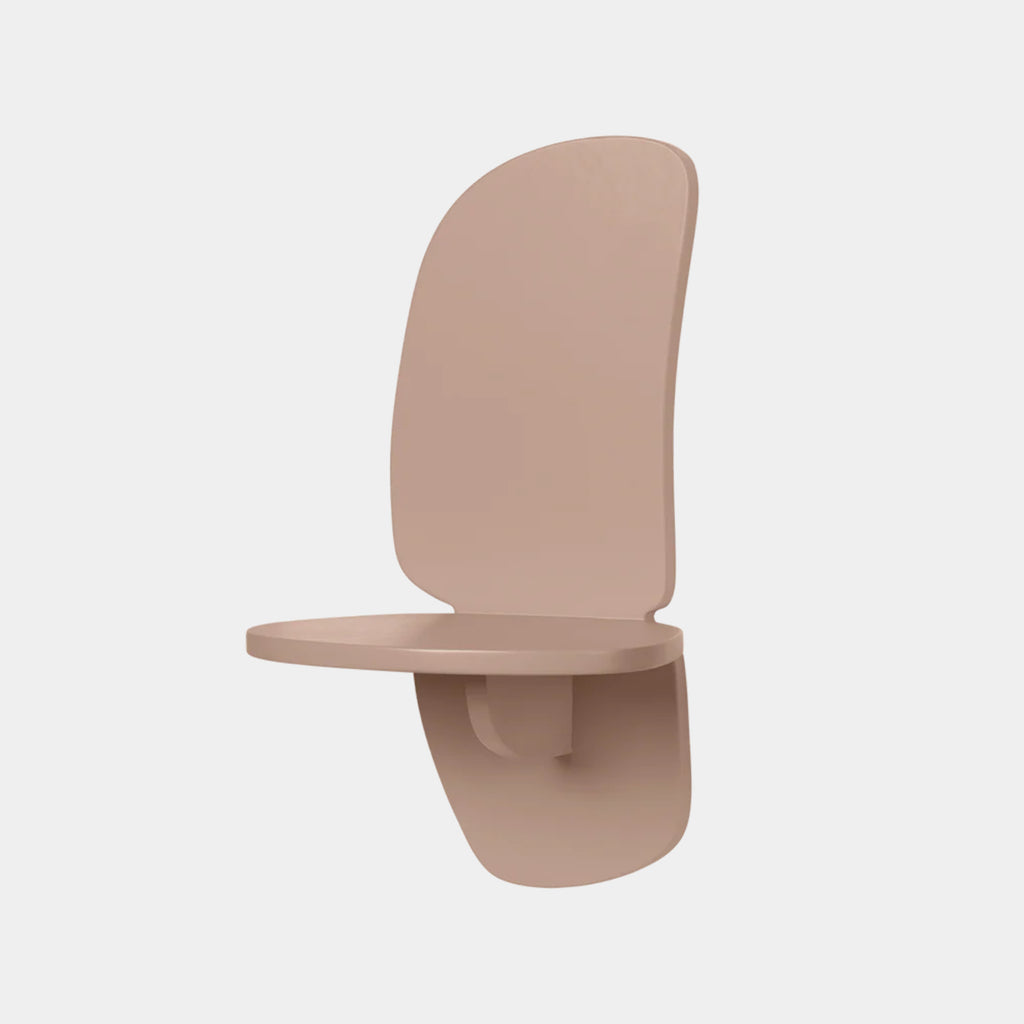 Ferm Living Pilu Shelf Large in Rose mounted on wall, sculptural curved backboard, neutral background