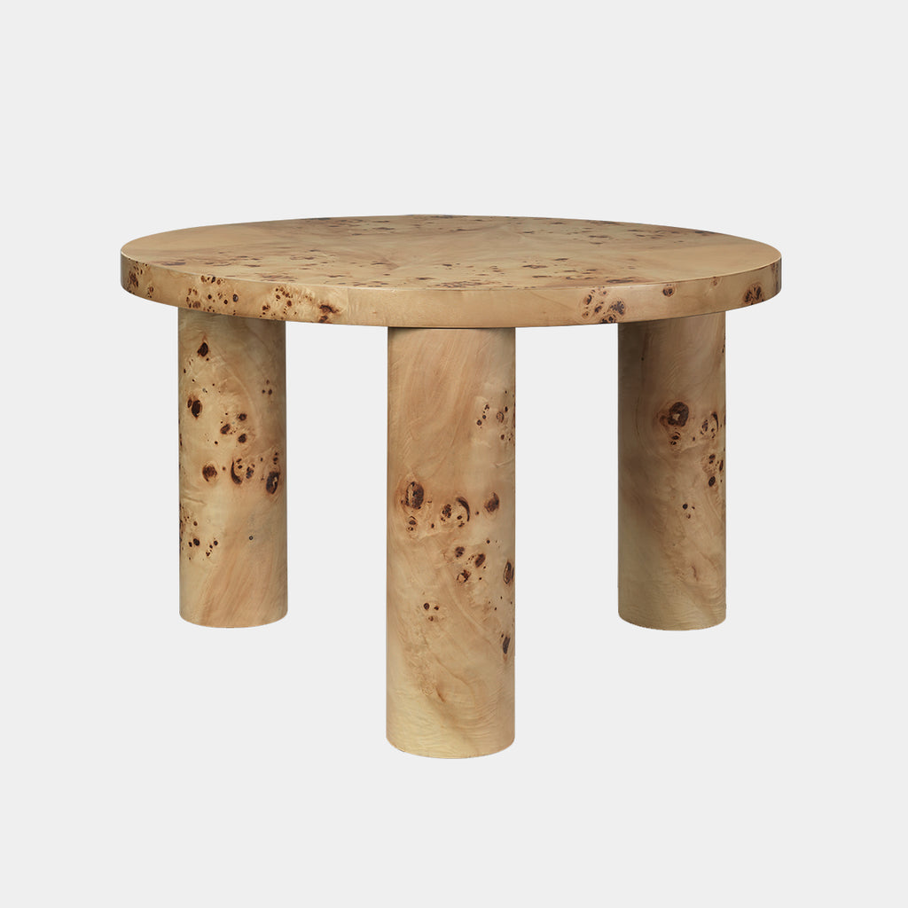 Post Coffee Table Small with cylindrical legs in natural burl, round top
