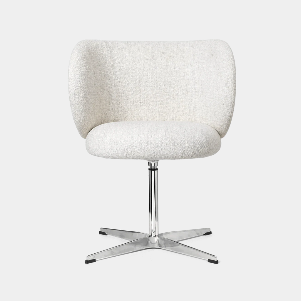Ferm Living Rico Swivel Dining Chair upholstered in off-white bouclé with sculptural curved seat and swivel base