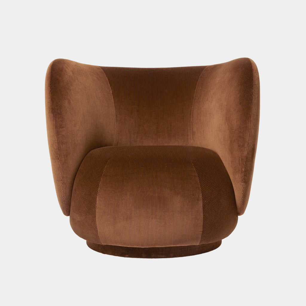 Rico Swivel Lounge Chair in Rust Devore velvet with a textured burnout pattern on a neutral background