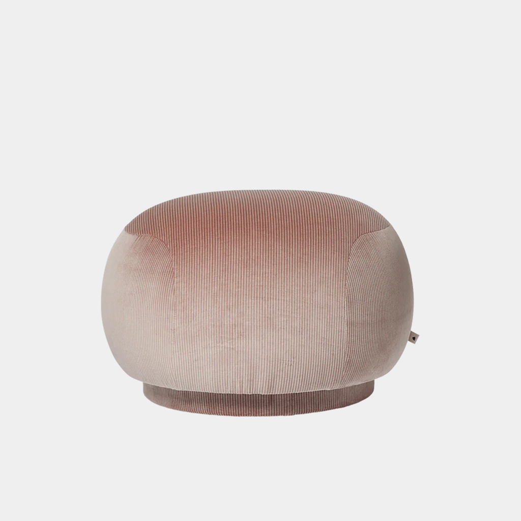Ferm Living Rico Pouf in rust Devoré velvet showing rounded form and subtle two-tone burnout pattern.
