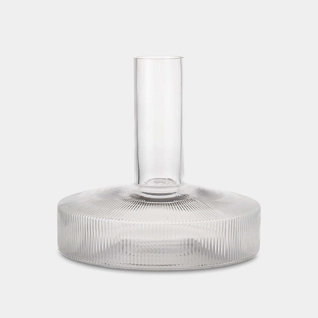 Ripple Wine Carafe by Ferm Living in mouth-blown ribbed glass with wide sculptural silhouette designed for wine aeration
