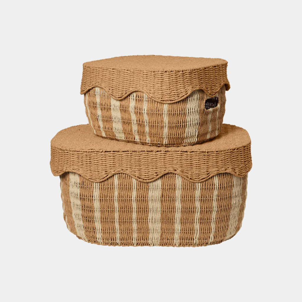 Ferm Living Rivan Storage Baskets in Natural/Off-White with matching scalloped lids showing small and large stacked baskets.