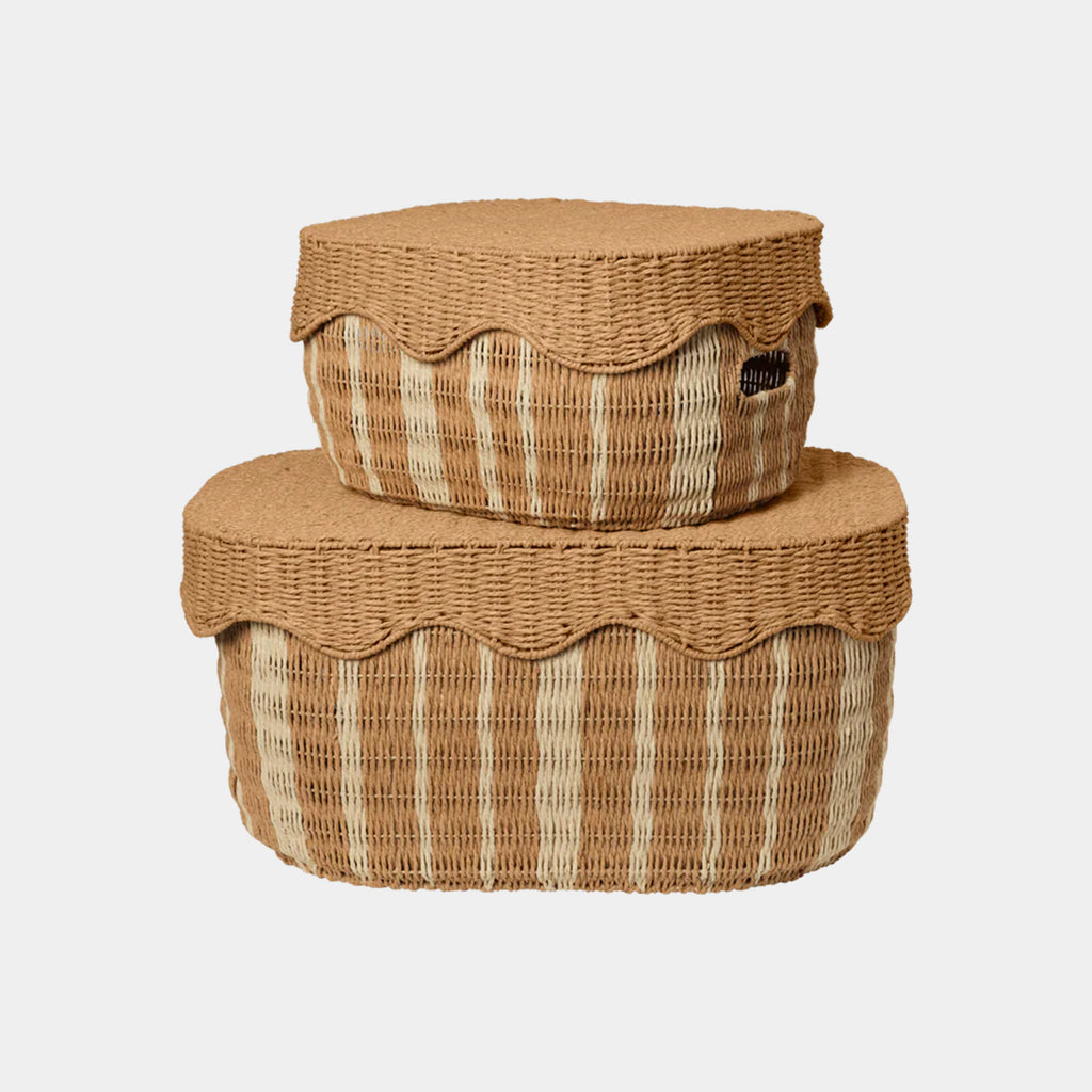 Ferm Living Rivan Storage Baskets in Natural/Off-White with matching scalloped lids showing small and large stacked baskets.