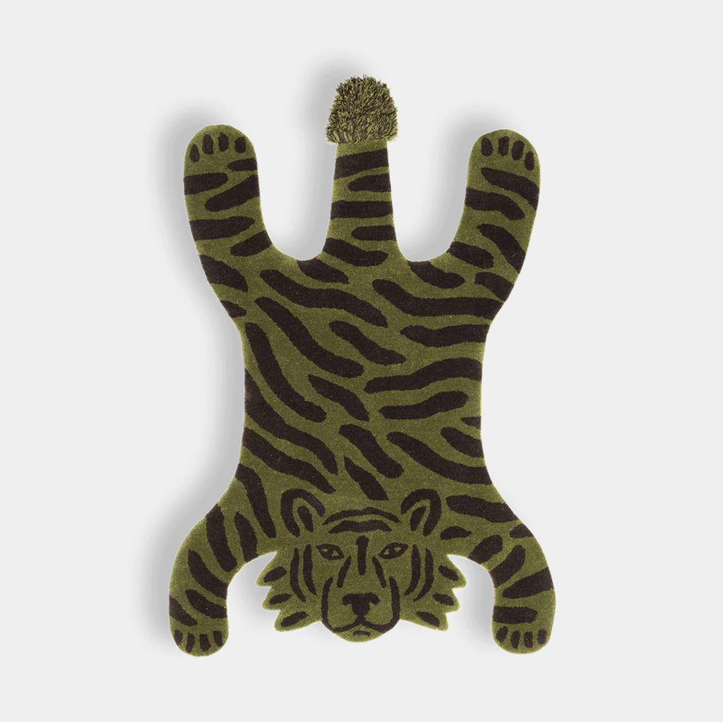 Ferm Living green tufted tiger rug in New Zealand wool on a neutral background