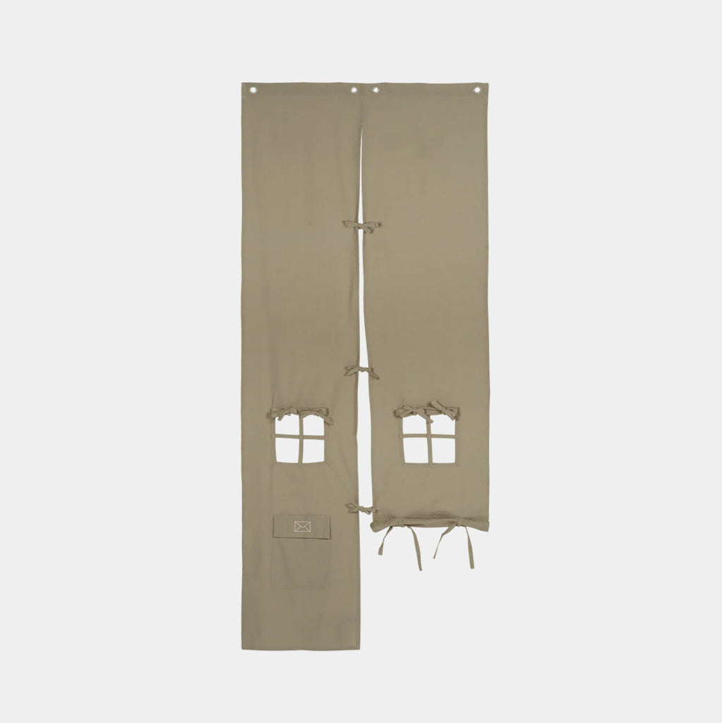 Ferm Living Settle Door Curtain in elm green showing the roll-up windows and opening door