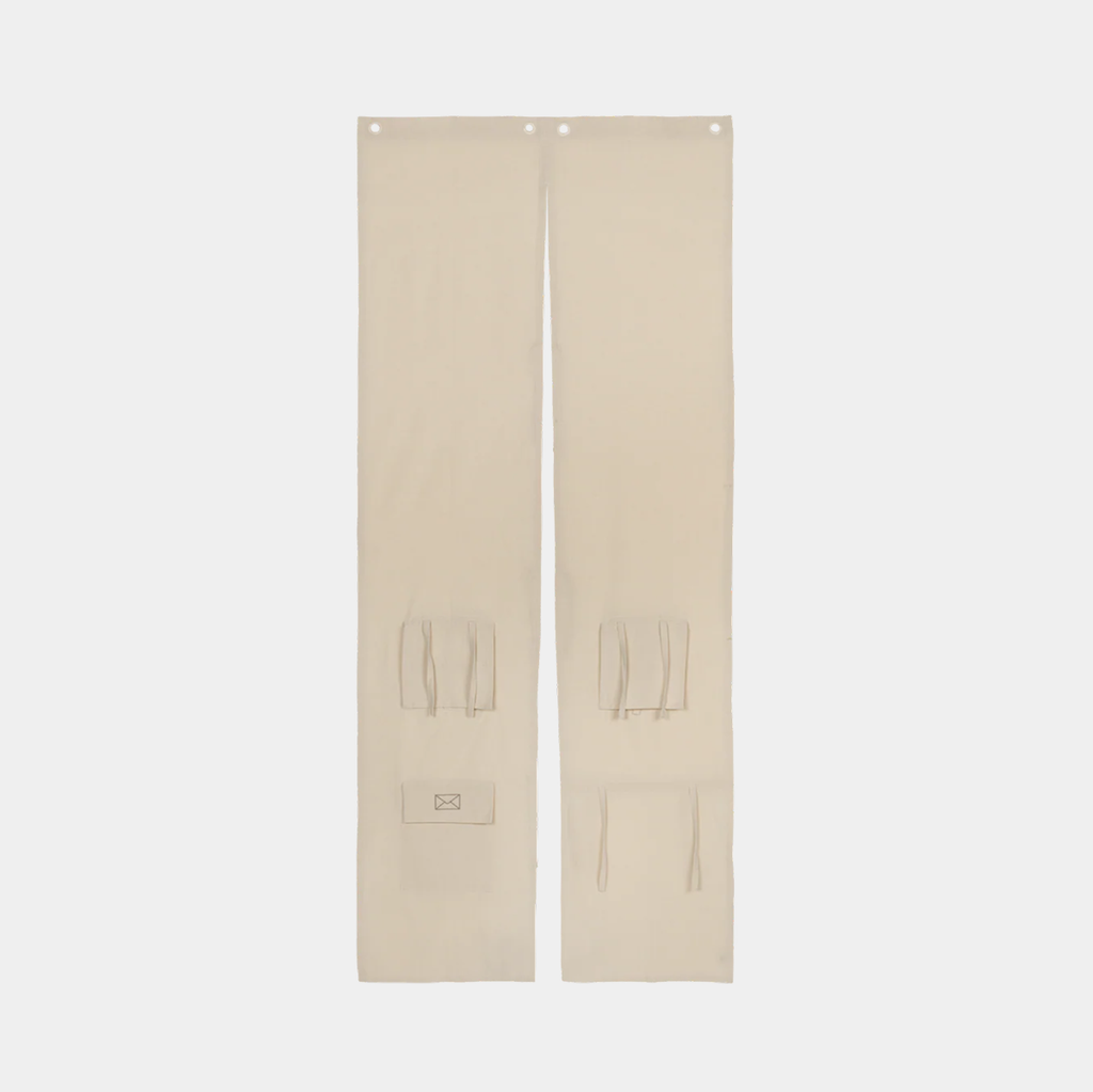 Ferm Living Settle Door Curtain in off-white with roll-up play windows, mailbox, and small door