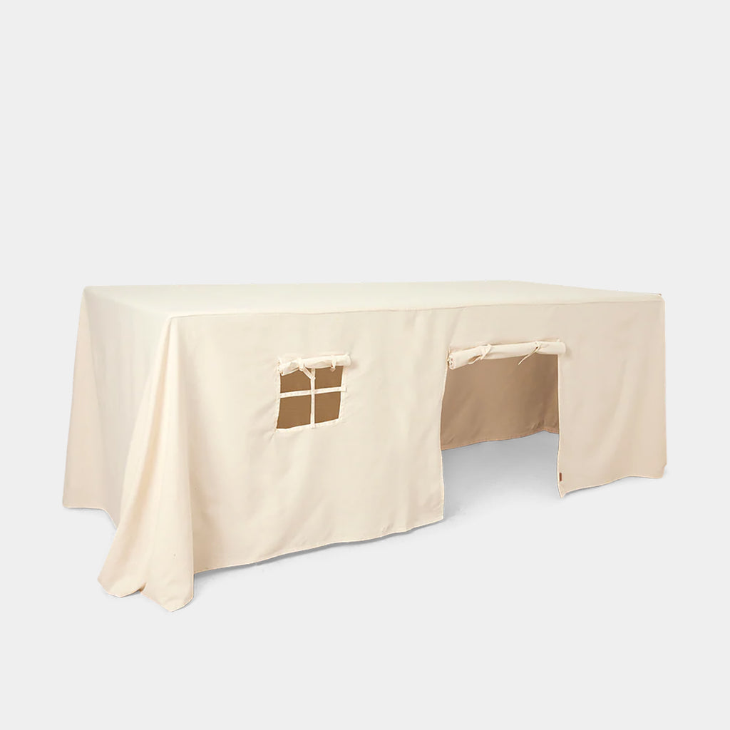 Ferm Living Settle table cloth house in off-white organic cotton on a neutral background showing roll up door open.