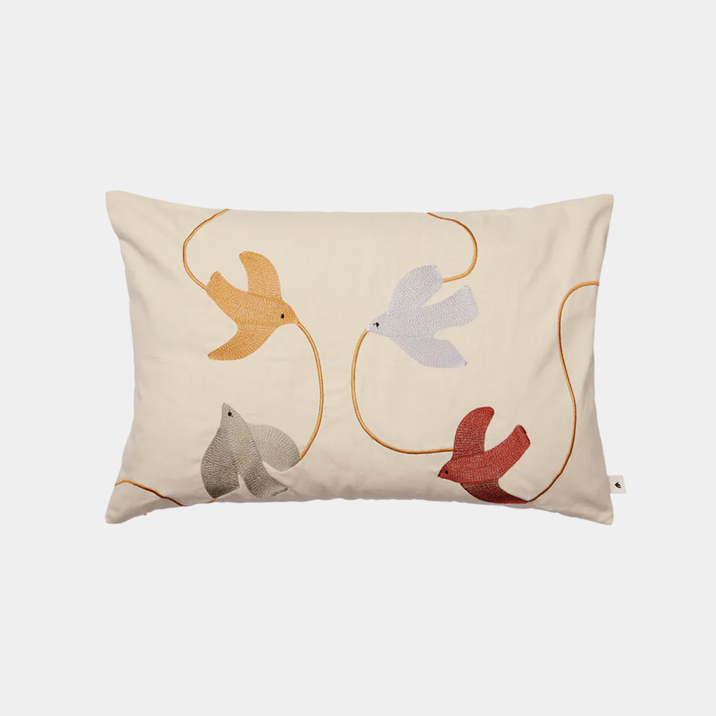 Ferm Living Swif Embroidered Cushion in organic cotton canvas with colorful bird motifs.