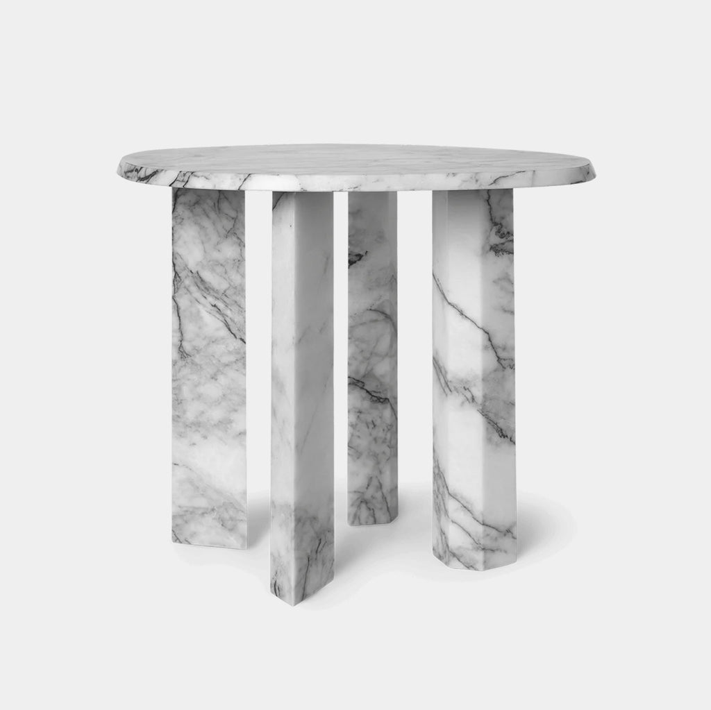 Ferm Living Taula Side Table in Charcoal White marble with rounded top, beveled edge, and four linear legs