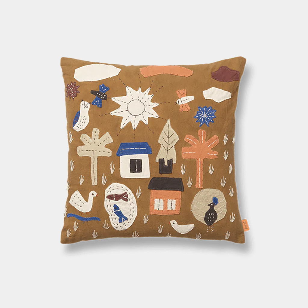 Ferm Living Village cushion in Sugar Kelp with embroidered appliqué in organic cotton on a neutral background