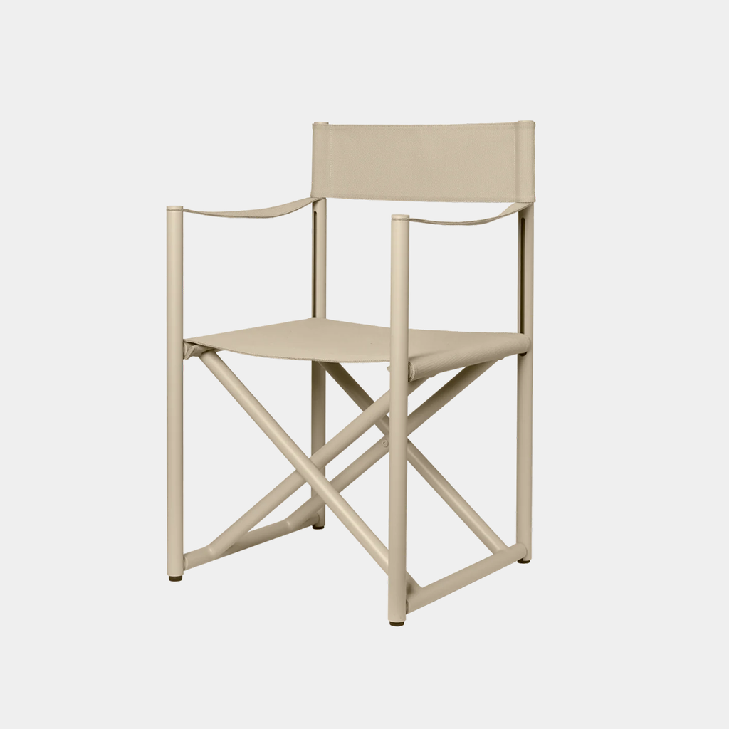 Ferm Living Voya Folding Chair in Cashmere angled view showing textile seat and aluminum frame on neutral background
