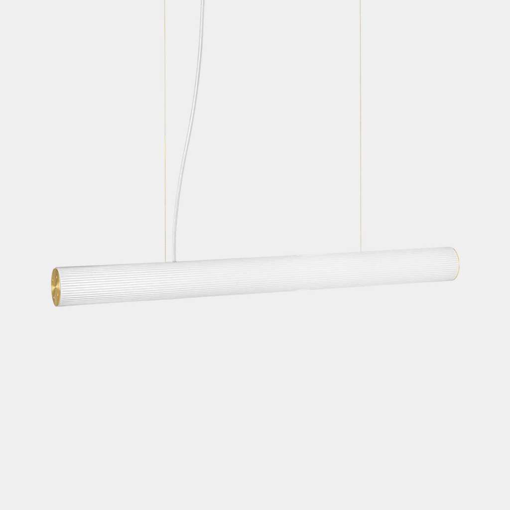 Ferm Living Vuelta pendant with rippled opal glass and brushed brass details on a neutral background