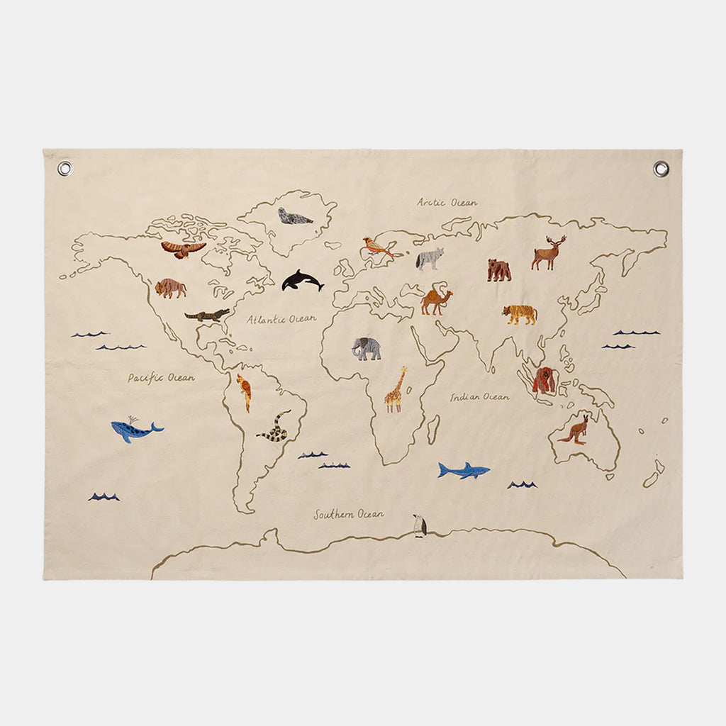 Ferm Living World Textile Map  — embroidered organic cotton wall map featuring animals and softly printed continent outlines