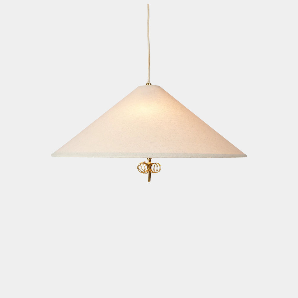 GUBI 1967 Pendant by Paavo Tynell with conical canvas shade and brass accents.
