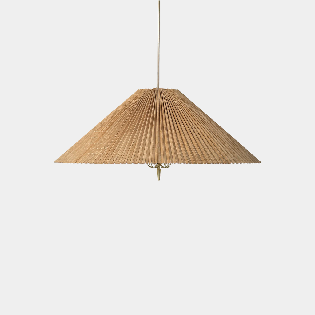 GUBI 1972 Pendant by Paavo Tynell in bamboo and brass showing conical pleated shade