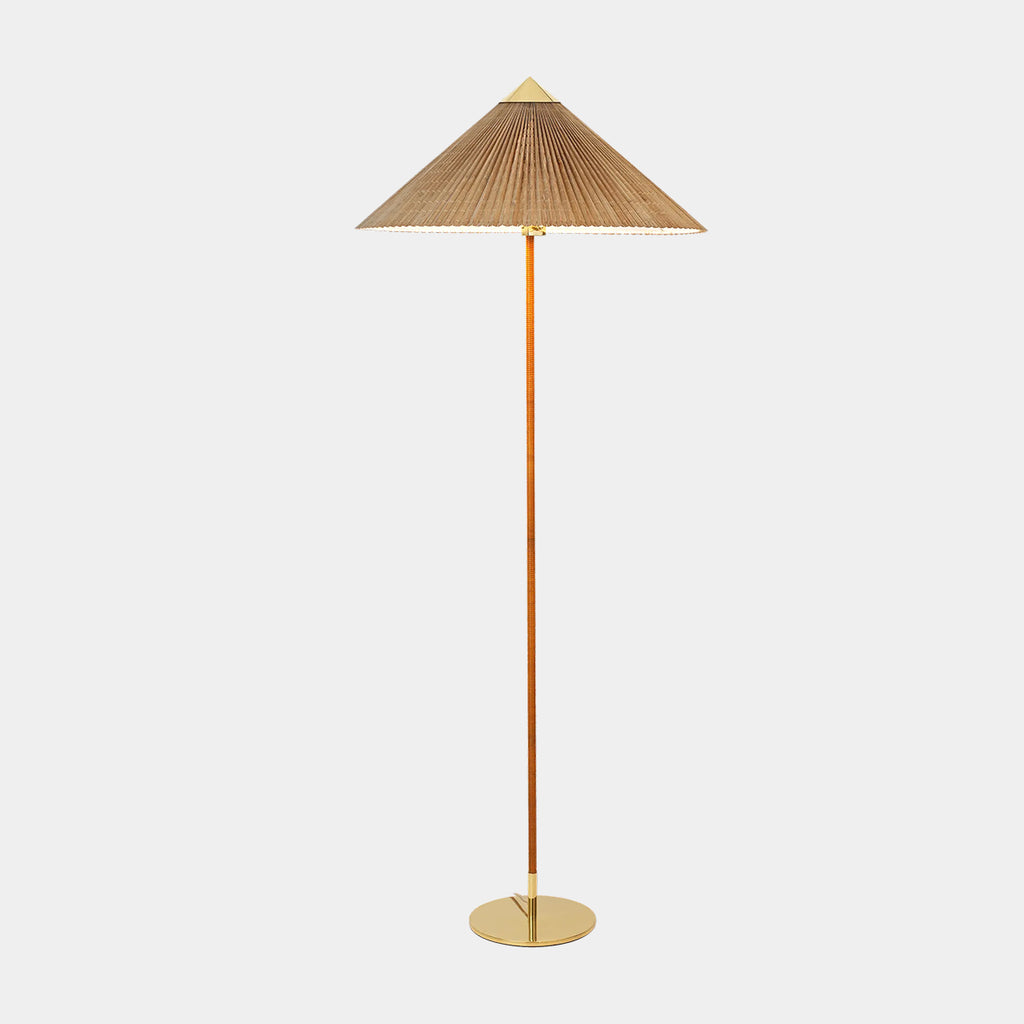 9602 Floor Lamp with bamboo shade, brass accents, and rattan-wrapped stem