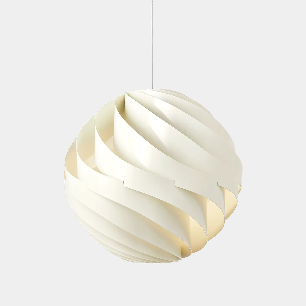 GUBI Turbo Pendant in Alabaster White showing sculptural flower-like globe formed by spiral aluminum