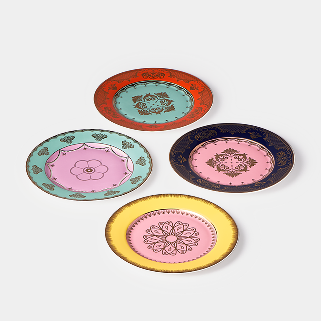 Pols Potten Grandpa Side Plate Set featuring four colorful New Bone China porcelain plates with ornamental motifs and hand-applied gold accents