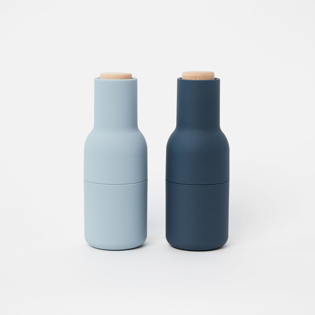 Audo Copenhagen Bottle Grinder in Blue with Beech top — minimalist salt and pepper mill