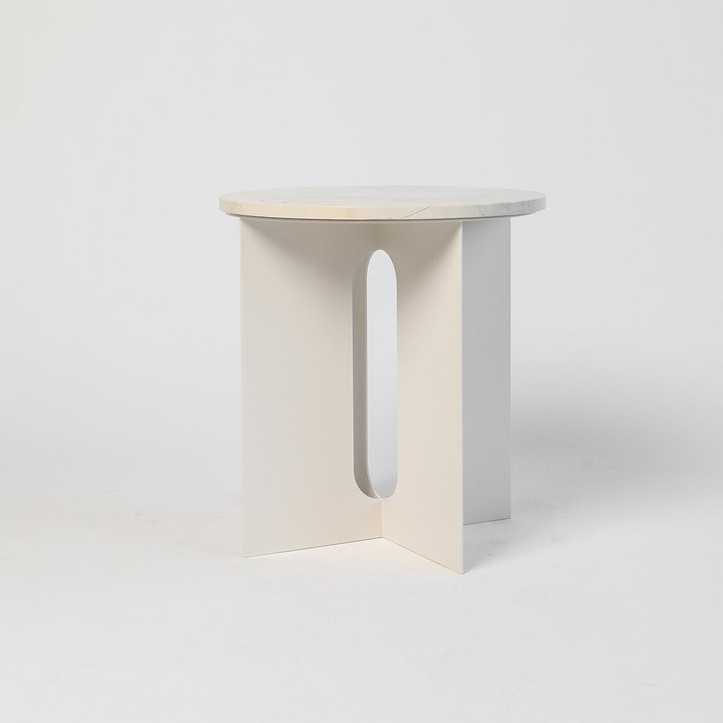 Audo Copenhagen Androgyne Side Table with Crystal Beige Rose marble top and powder-coated steel base