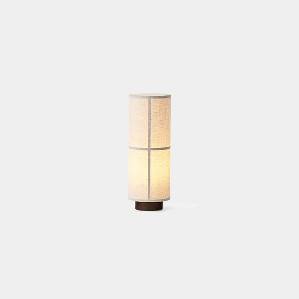 Hashira Floor Lamp by Audo Copenhagen in raw linen with soft diffused light on neutral background