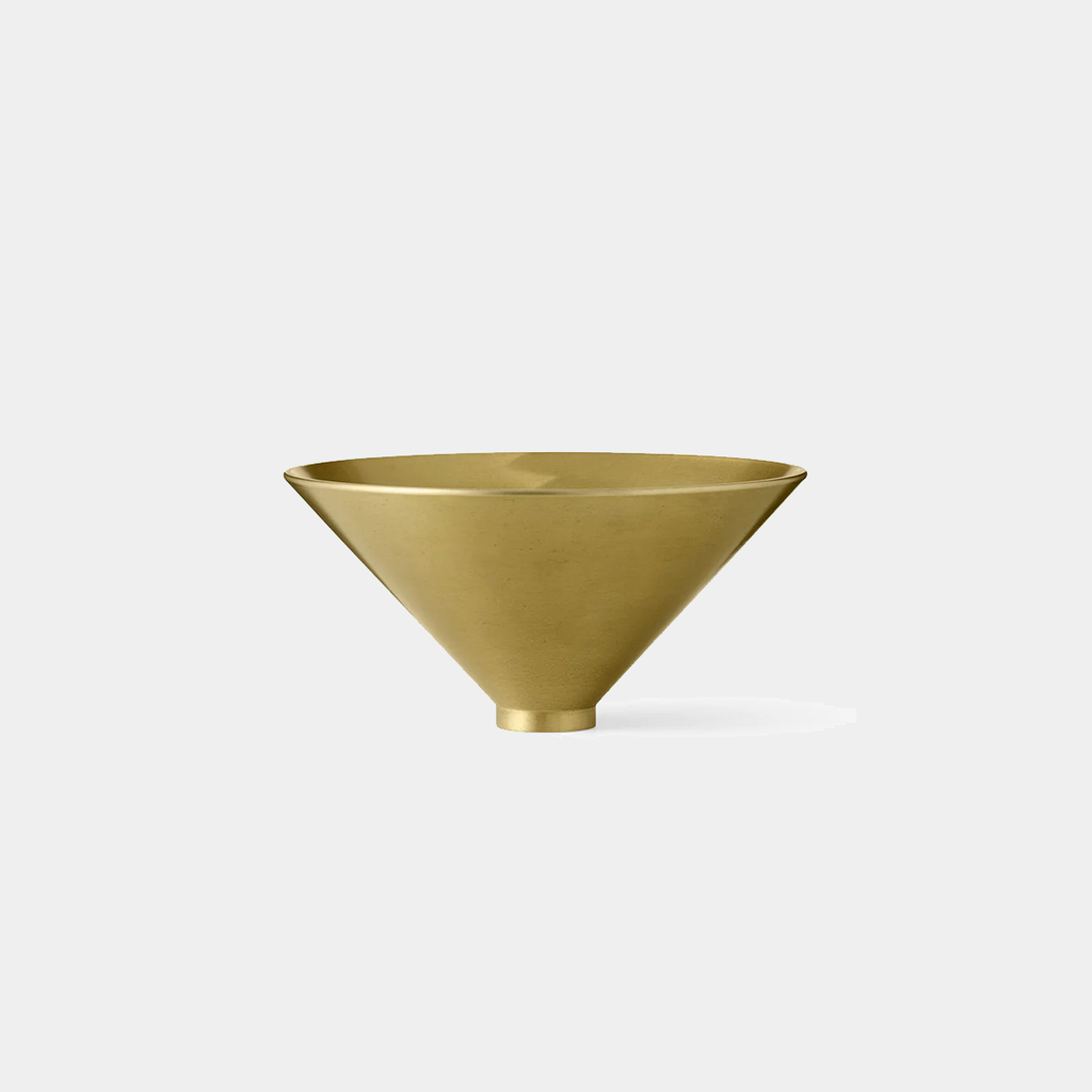 Audo Copenhagen Taper Bowl in brass-finished aluminum with conical form, shown on neutral background.
