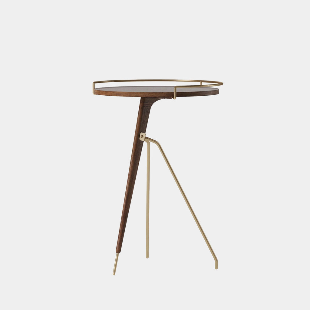 Umanoff Side Table by Audo Copenhagen in walnut and brushed brass on neutral background