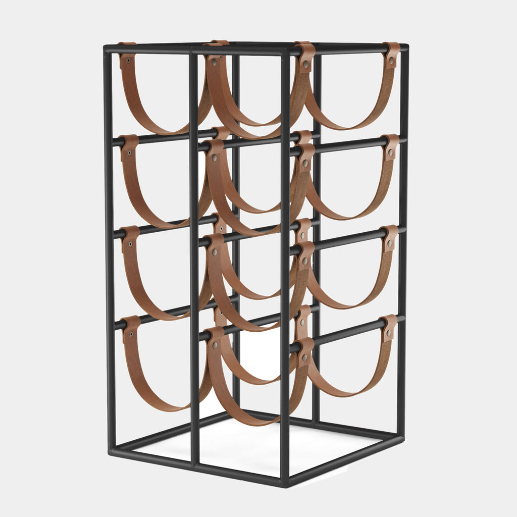 Umanoff Wine Rack by Audo Copenhagen in black steel and leather on neutral background
