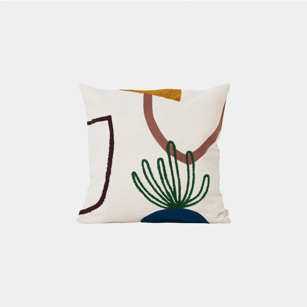 Ferm Living Mirage Cushion in Island — square embroidered pillow with abstract desert-inspired pattern in sand and ochre tones