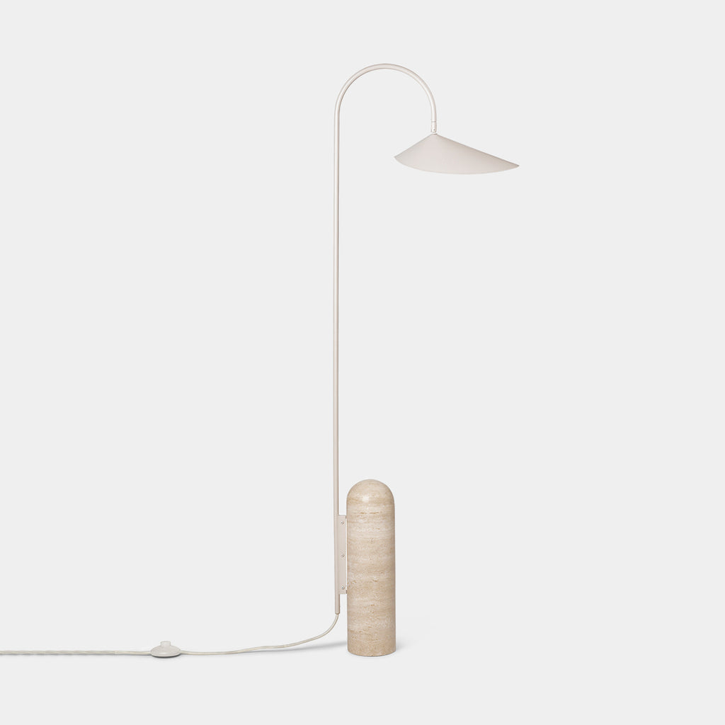 Ferm Living Arum Floor Lamp in Cashmere — neutral powder-coated metal lamp with travertine base