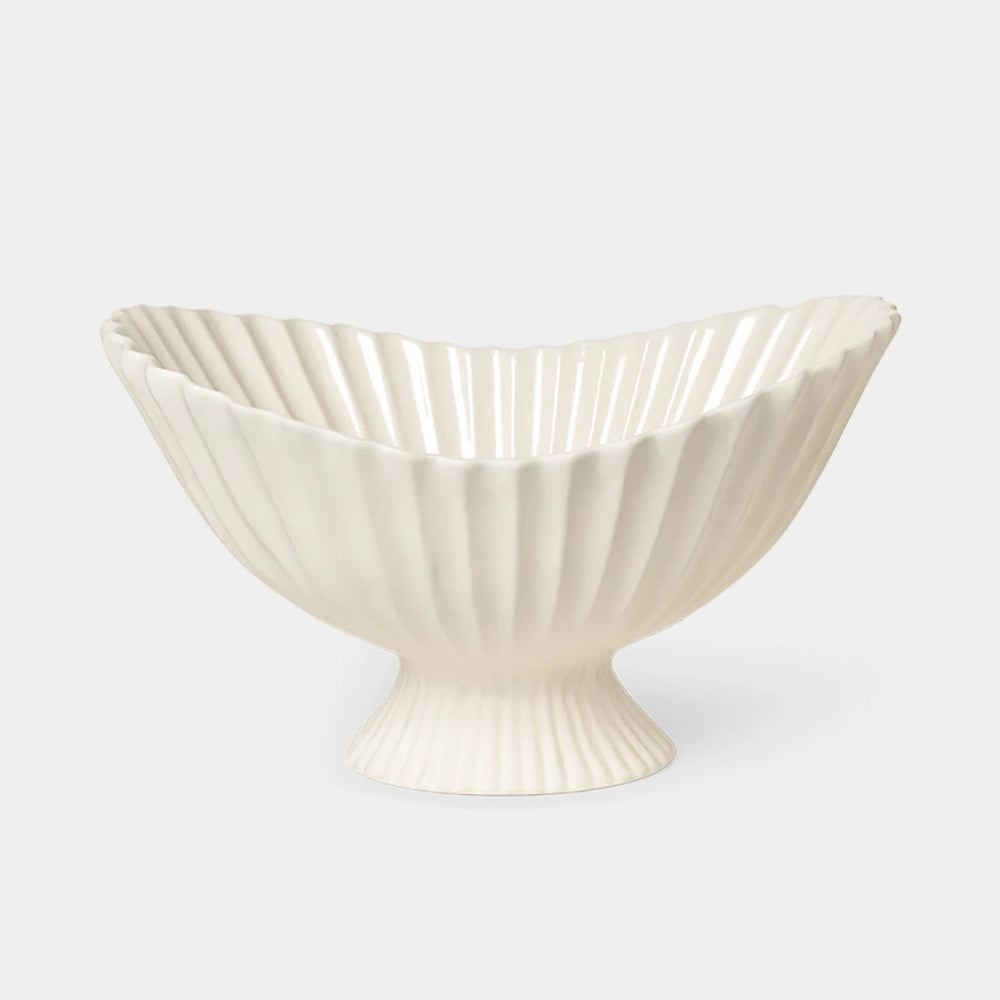 Ferm Living Fountain Centerpiece in off-white matte glazed stoneware, front and interior view showing pleated bowl and pedestal base.