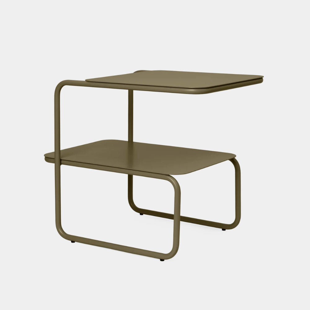 Ferm Living Level Side Table in Olive — powder-coated steel with dual surfaces and sculptural geometry