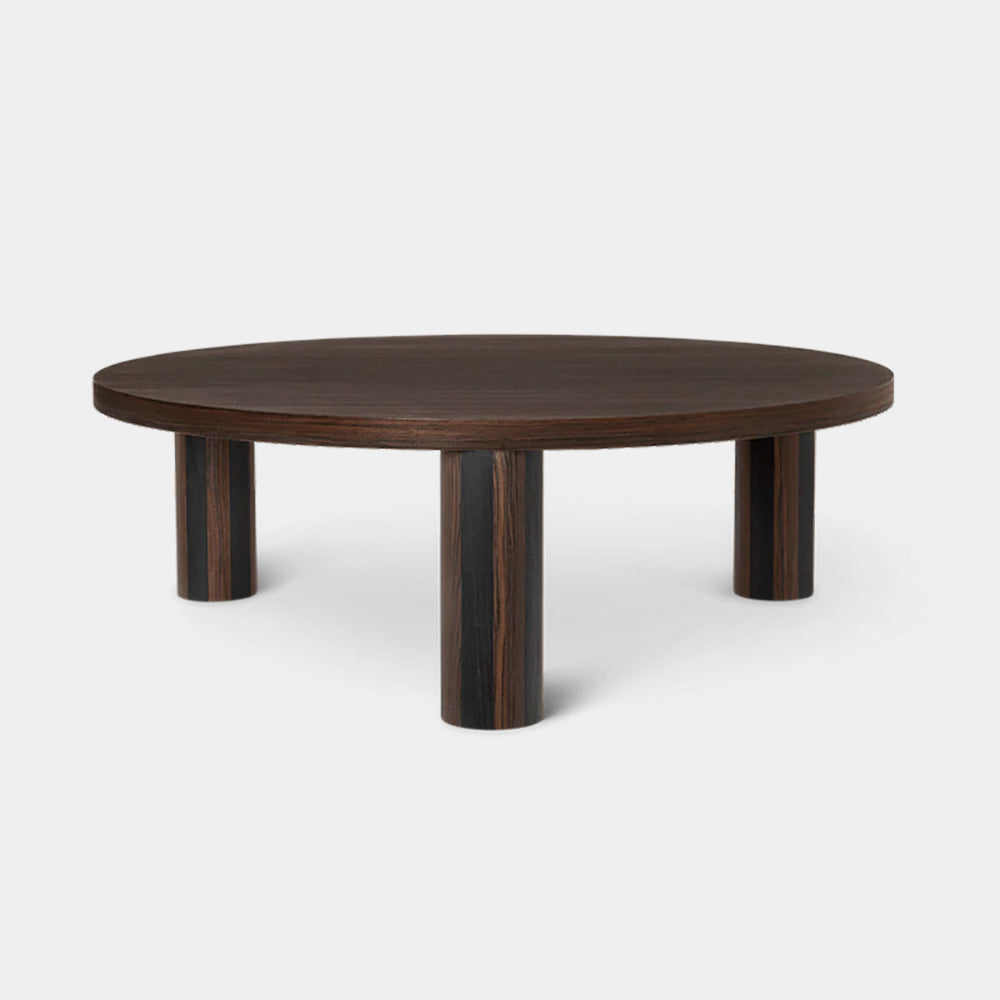 Ferm Living Post Coffee Table Large in smoked oak striped finish with cylindrical legs.