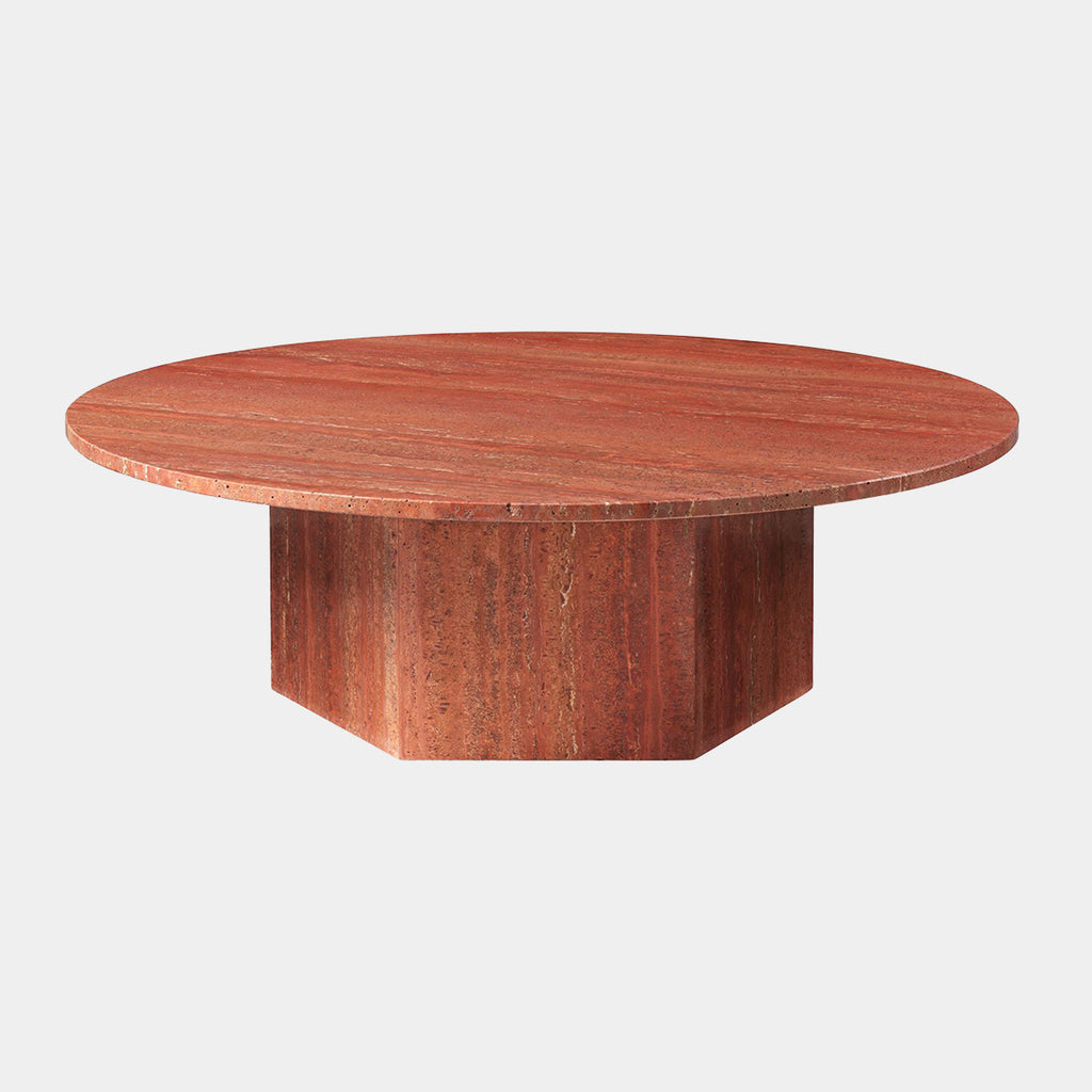 GUBI Epic Coffee Table size 110 cm in Burnt Red travertine on neutral background