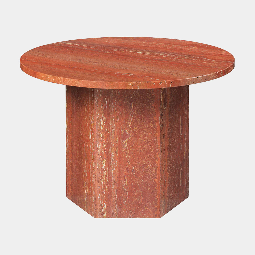 GUBI Epic Coffee Table in Burnt Red travertine size 60cm on neutral background